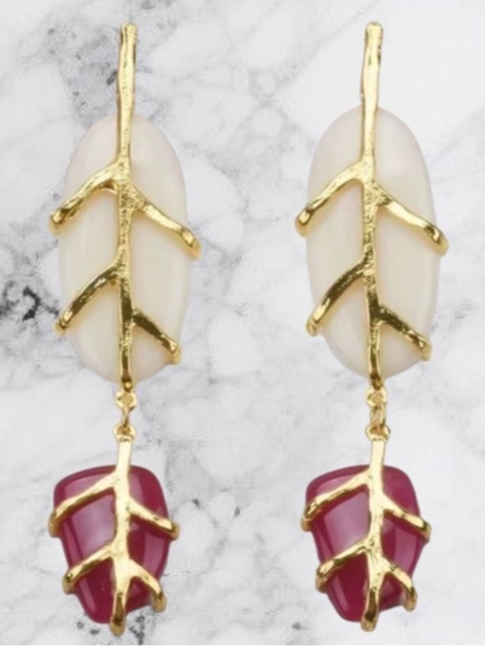 Zara Gold Branch Ivory & Berry Resin Stone Drop Earrings NWOT - Picture 8 of 8